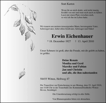 Traueranzeige von Erwin Eichenhauer von Tageszeitung