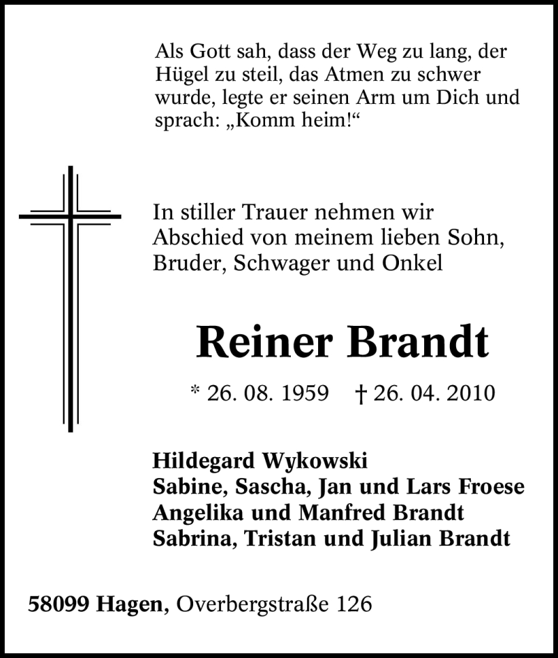  Traueranzeige für Reiner Brandt vom 28.04.2010 aus Tageszeitung