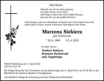 Traueranzeige von Marzena Siekiera von Tageszeitung