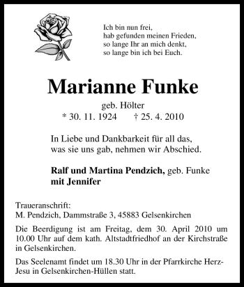 Traueranzeige von Marianne Funke von Tageszeitung