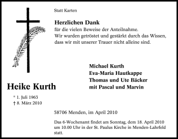 Traueranzeige von Heike Kurth von Tageszeitung