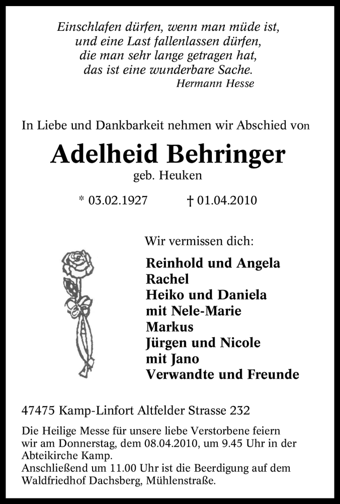  Traueranzeige für Adelheid Behringer vom 03.04.2010 aus Tageszeitung