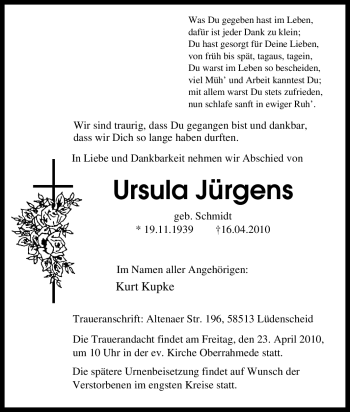 Traueranzeige von Ursula Jürgens von Tageszeitung