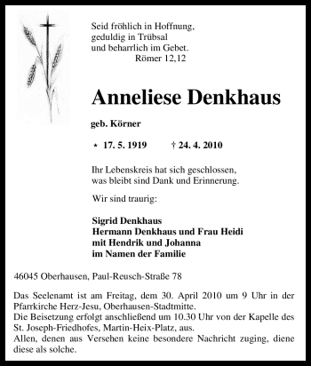 Traueranzeige von Anneliese Denkhaus von Tageszeitung