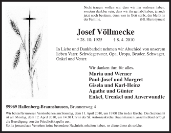 Traueranzeige von Josef Völlmecke von Tageszeitung