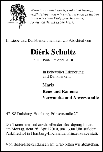 Traueranzeige von Dirk Schultz von Tageszeitung