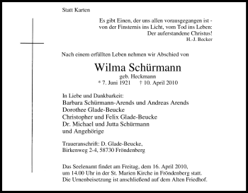 Traueranzeige von Wilma Schürmann von Tageszeitung