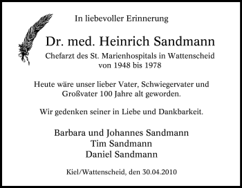 Traueranzeige von Heinrich Sandmann von Tageszeitung