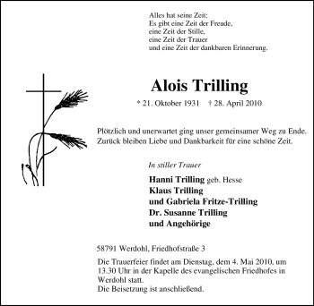 Traueranzeige von Alois Trilling von Tageszeitung
