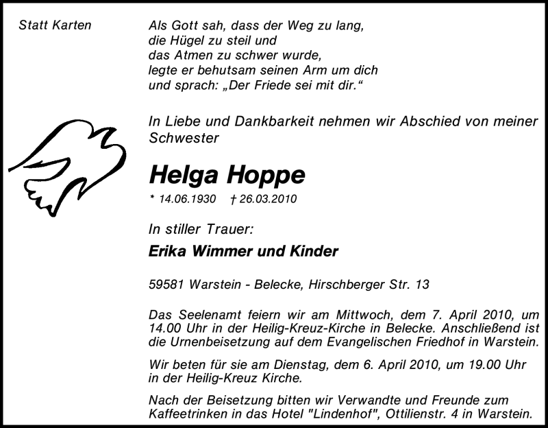  Traueranzeige für Helga Hoppe vom 01.04.2010 aus Tageszeitung