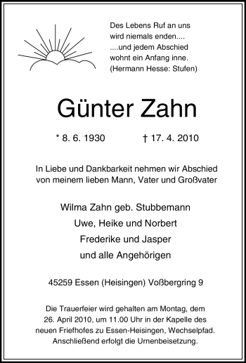 Traueranzeige von Günter Zahn von Tageszeitung