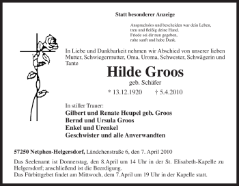 Traueranzeige von Hilde Groos von Tageszeitung