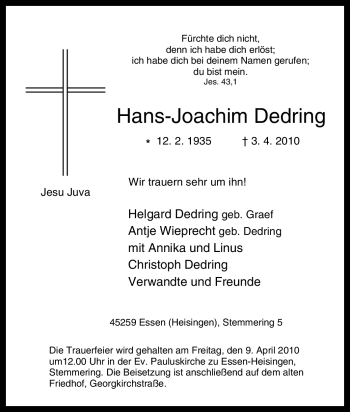 Traueranzeige von Hans-Joachim Dedring von Tageszeitung