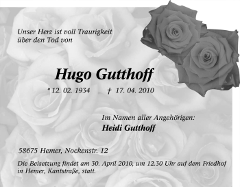 Traueranzeige von Hugo Gutthoff von Tageszeitung
