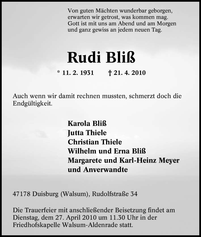  Traueranzeige für Rudi Bliß vom 23.04.2010 aus Tageszeitung