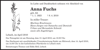 Traueranzeige von Anna Fuchs von Tageszeitung