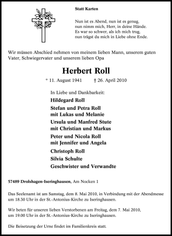 Traueranzeige von Herbert Roll von Tageszeitung