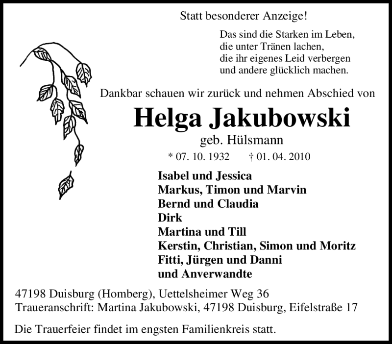  Traueranzeige für Helga Jakubowski vom 07.04.2010 aus Tageszeitung