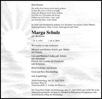 Traueranzeige von Marga Schulz von Tageszeitung