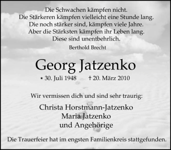 Traueranzeige von Georg Jatzenko von Tageszeitung