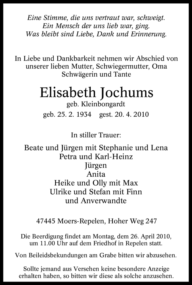  Traueranzeige für Elisabeth Jochums vom 22.04.2010 aus Tageszeitung