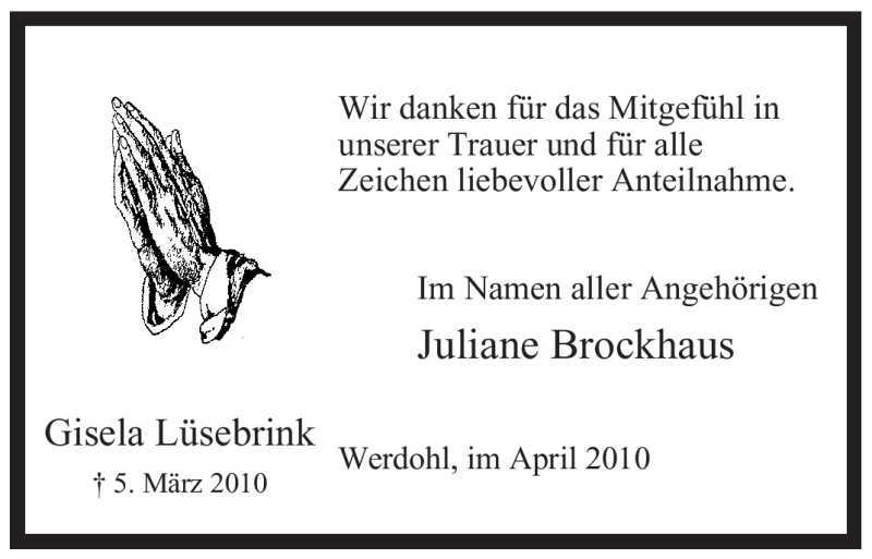  Traueranzeige für Gisela Lüsebrink vom 10.04.2010 aus Tageszeitung