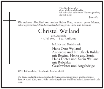 Traueranzeige von Christel Weiland von Tageszeitung