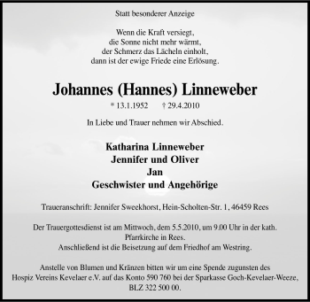 Traueranzeige von Johannes Linneweber von Tageszeitung