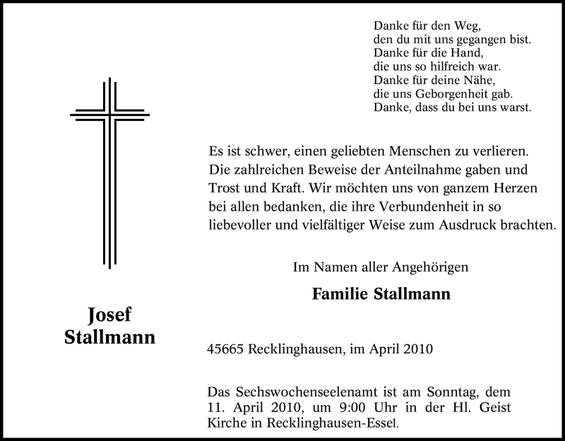  Traueranzeige für Josef Stallmann vom 07.04.2010 aus Tageszeitung
