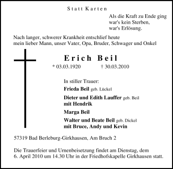 Traueranzeige von Erich Beil von Tageszeitung