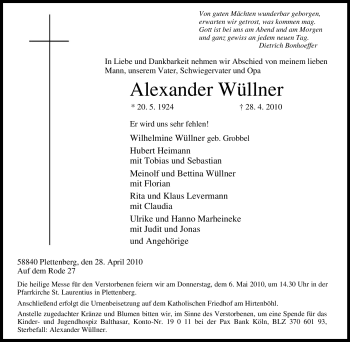 Traueranzeige von Alexander Wüllner von Tageszeitung