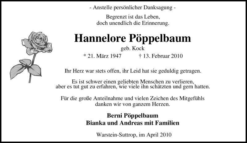  Traueranzeige für Hannelore Pöppelbaum vom 01.04.2010 aus Tageszeitung