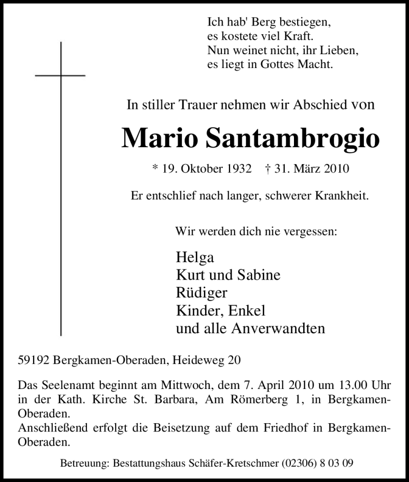 Traueranzeige für Mario Santambrogio vom 03.04.2010 aus Tageszeitung
