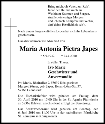 Traueranzeige von Maria Antonia Pietra Japes von Tageszeitung