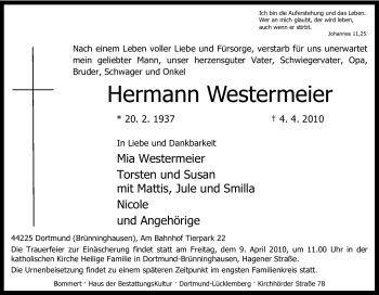 Traueranzeige von Hermann Westermeier von Tageszeitung