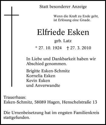 Traueranzeige von Elfriede Esken von Tageszeitung