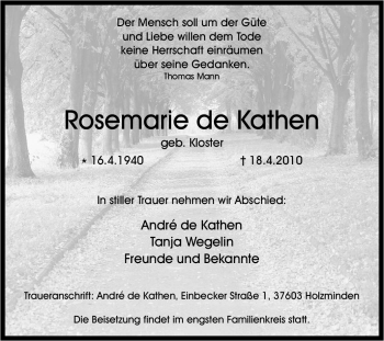 Traueranzeige von Rosemarie de Kathen von Tageszeitung