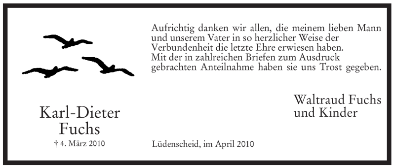  Traueranzeige für Karl-Dieter Fuchs vom 16.04.2010 aus Tageszeitung