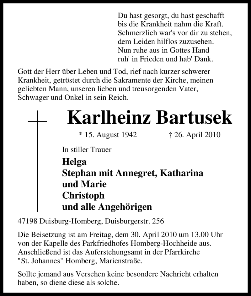  Traueranzeige für Karlheinz Bartusek vom 28.04.2010 aus Tageszeitung