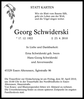 Traueranzeige von Georg Schwiderski von Tageszeitung