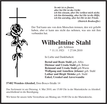 Traueranzeige von Wilhelmine Stahl von Tageszeitung