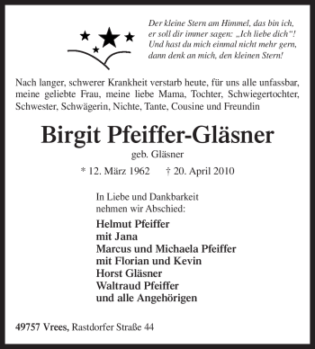 Traueranzeige von Birgit Pfeiffer-Gläsner von Tageszeitung