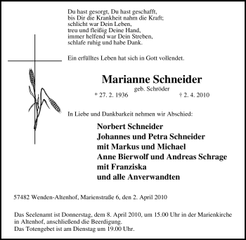Traueranzeige von Marianne Schneider von Tageszeitung