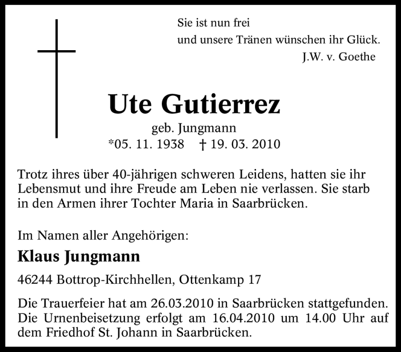  Traueranzeige für Ute Gutierrez vom 12.04.2010 aus Tageszeitung