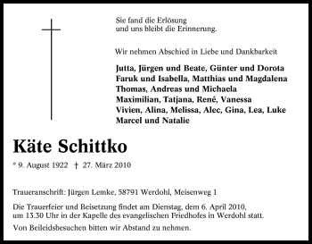 Traueranzeige von Käte Schittko von Tageszeitung