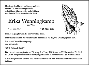 Traueranzeige von Erika Wenningkamp von Tageszeitung