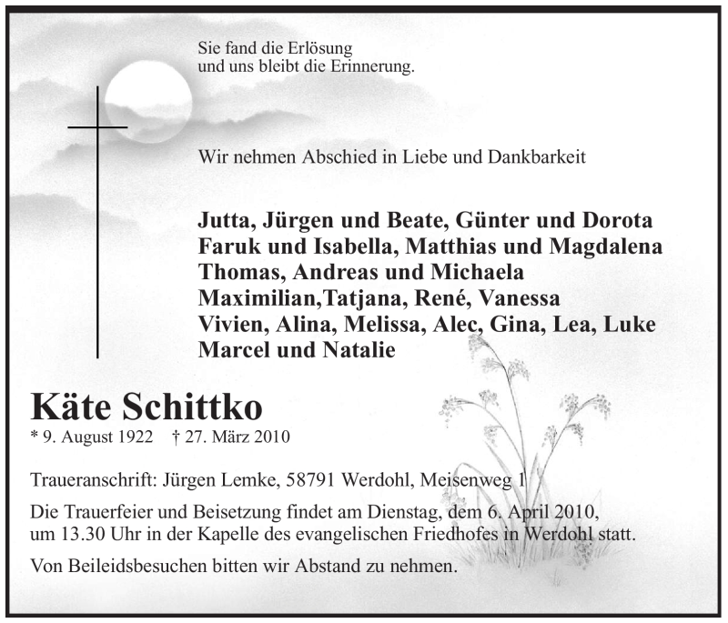  Traueranzeige für Käte Schittko vom 03.04.2010 aus Tageszeitung