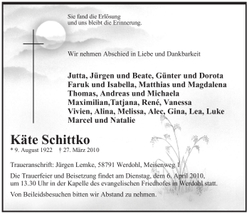 Traueranzeige von Käte Schittko von Tageszeitung