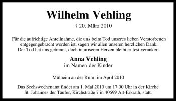 Traueranzeige von Wilhelm Vehling von Tageszeitung