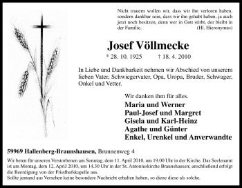 Traueranzeige von Josef Völlmecke von Tageszeitung